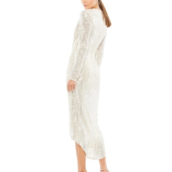 MAC DUGGAL 26549 NUDE SILVER SEQUIN KNOTTED‎ LONG SLEEVE MIDI DRESS SIZE 10 - Picture 2 of 6